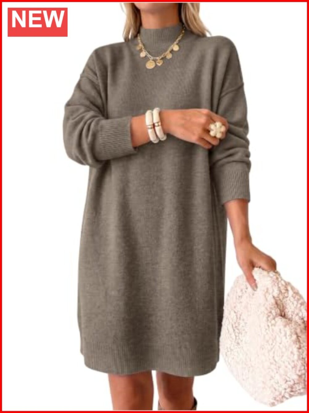 Oversized Mock Neck Knit Sweater Dress Long Sleeve Loose Fit Fall Winter